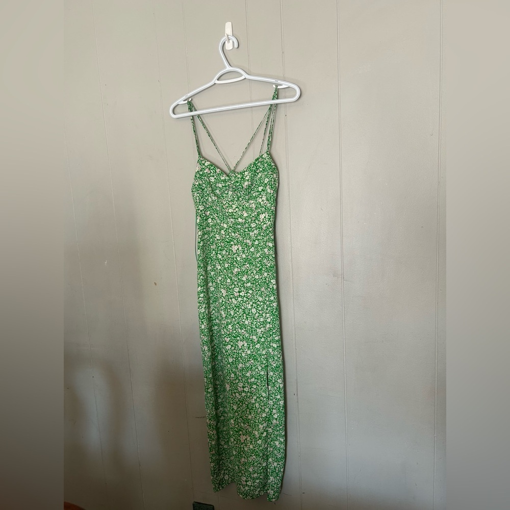 Zara Green Floral Maxi Slip Dress Smocked Back Size XS